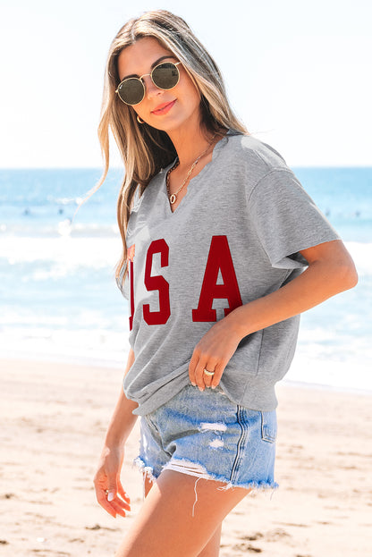 Light Grey USA Lettering Patch Notched Neck Loose Tee
