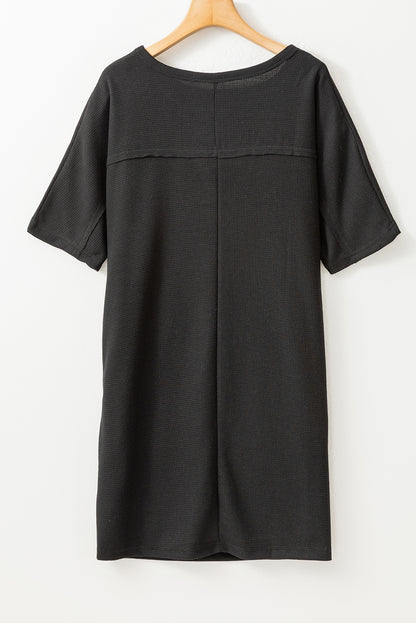 Black Waffle Knit T-shirt Dress with Pockets