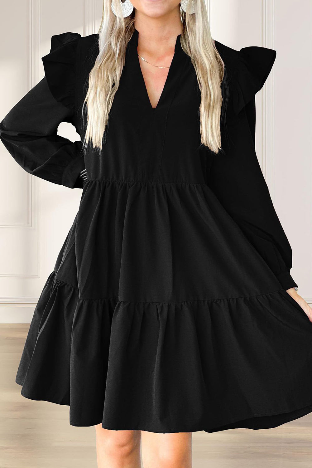 Black V Neck Tiered Ruffled Dress with Pockets