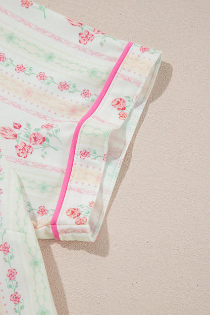 White Floral Print Contrast Pipping Short Pajamas Set