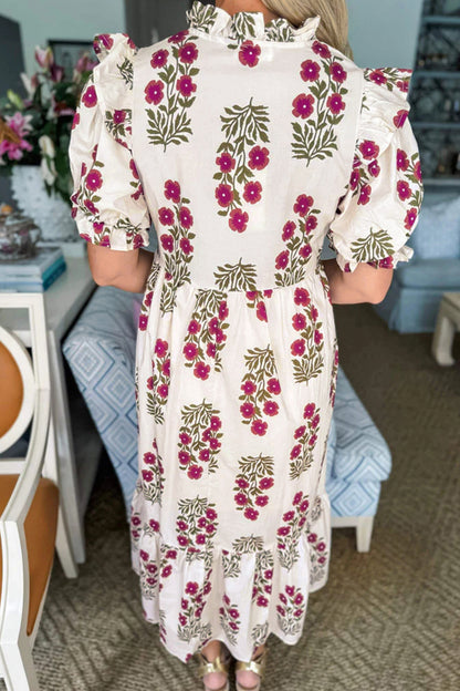Black Floral Short Bubble Sleeve Tiered Maxi Dress