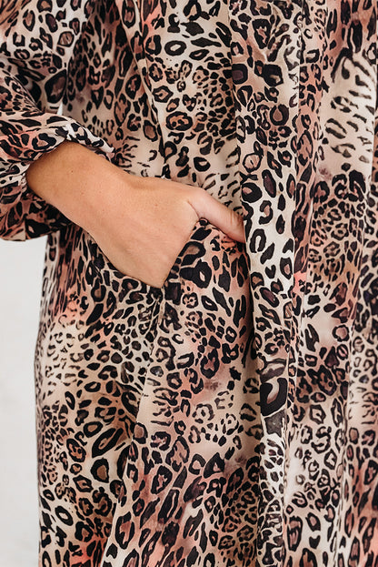 Brown Leopard Ruffled Detail Long Sleeve Loose Mini Dress