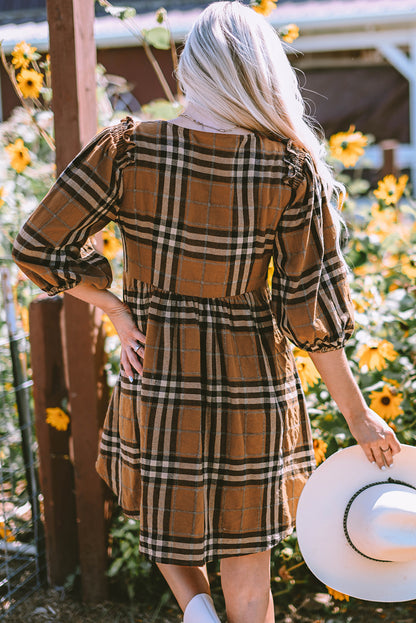 Plaid V-Neck Balloon Sleeve Dress