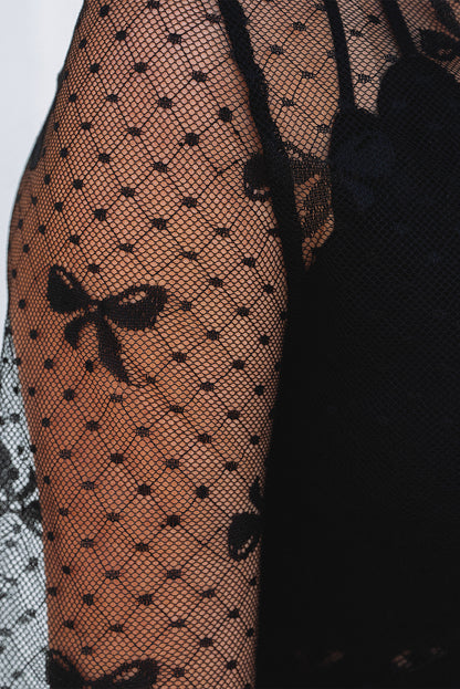Black Bow Pattern Accent Mesh Long Sleeve Top