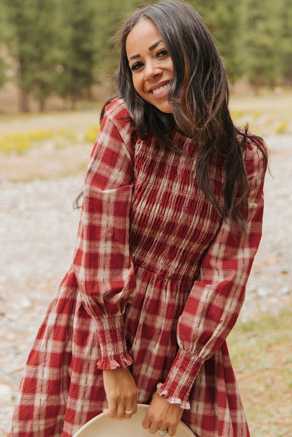 Red Plaid Print Smocked Puff Sleeve Mini Dress