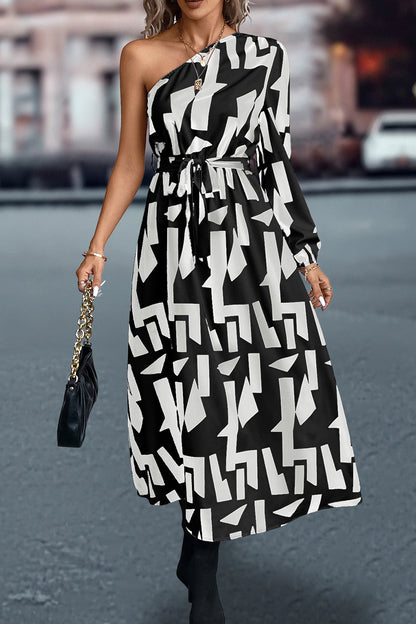 Printed One-Shoulder Tie Waist Dress