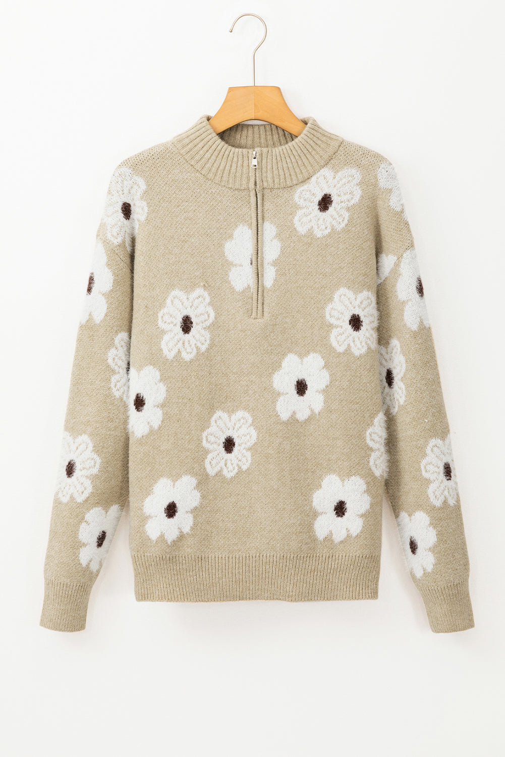 Gray Floral Pattern Half Zip Drop Shoulder Sweater