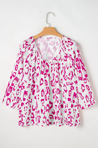 Khaki Leopard Print Ruched V Neck 3/4 Sleeve Blouse