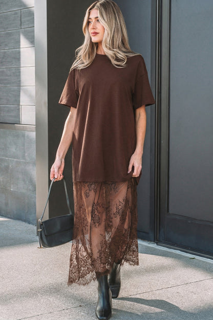 Red Sandalwood Floral Patchwork Short Sleeve T Shirt Loose Maxi Dress